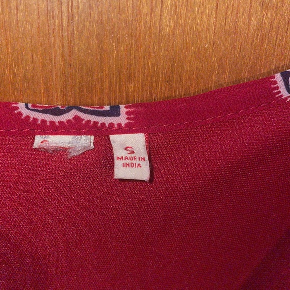 •RED CAMEL•RED LATTICE & KEYHOLE CHEST RIFFLE SLEEVE BOHO DRESS SIZE SMALL - Picture 5 of 10